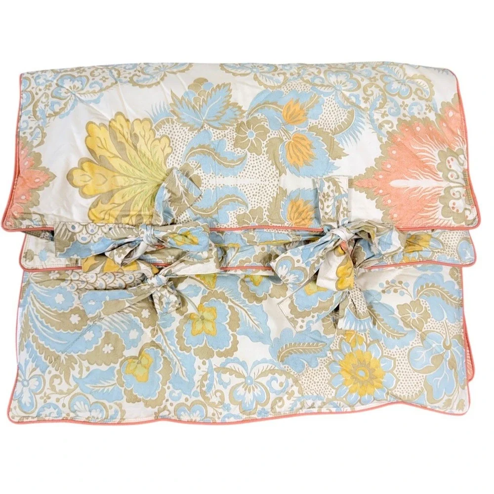 Pottery Barn Quilted Floral Paisley Damask Tie Sham Set 2 Blue Peach 2013 Boho‎